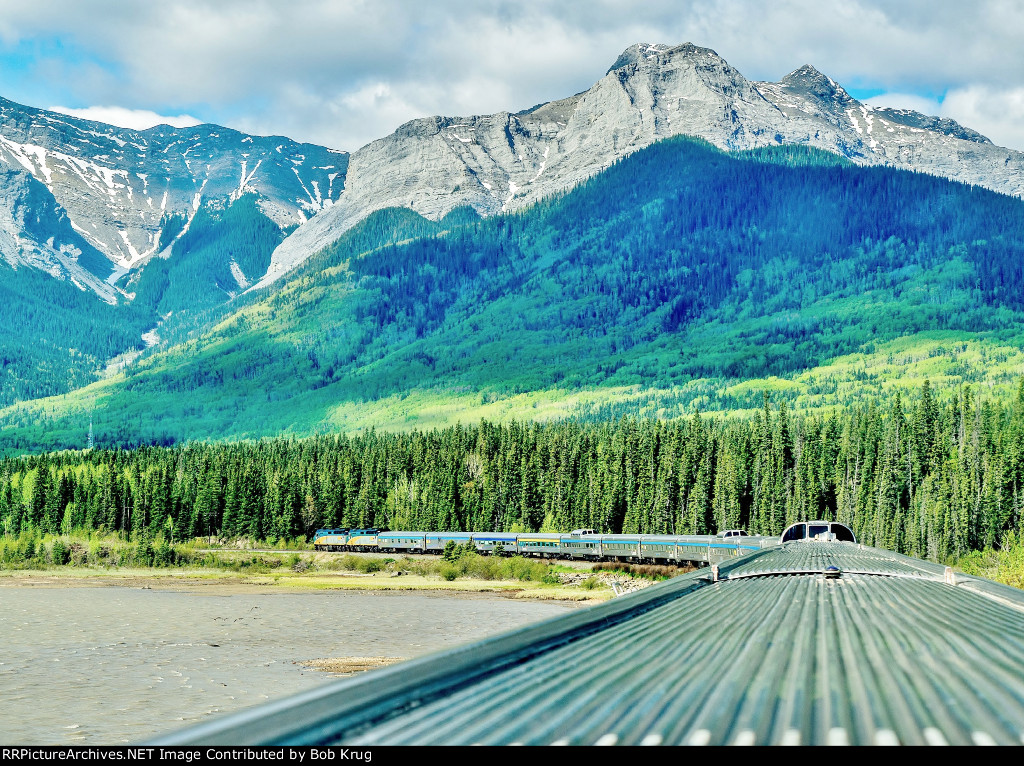 The westbound Canadian along the Athabaska River as it approaches Jasper